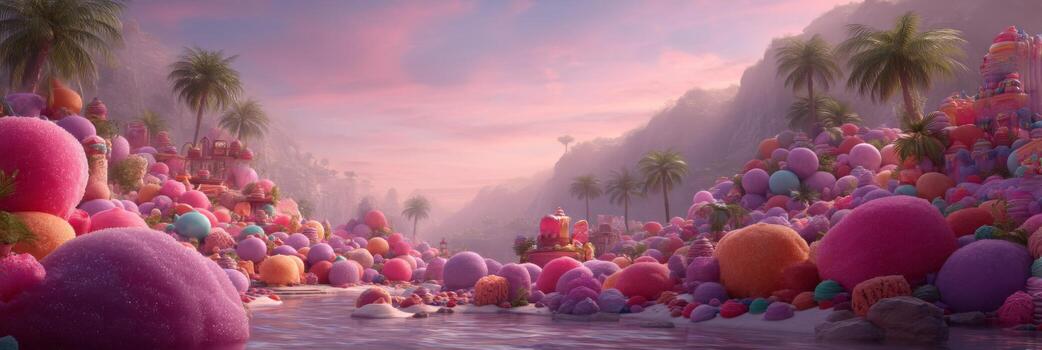 Vibrant Landscape of Colorful Spheres and Lush Palm Trees in Dreamy Sunset Setting photo