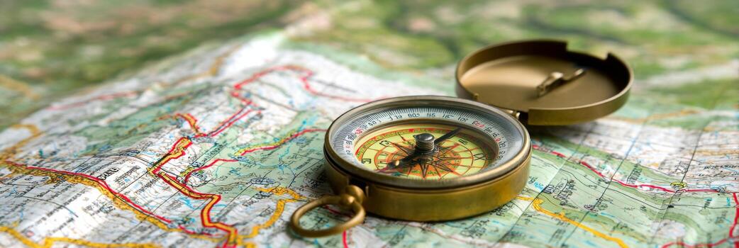 Vintage compass resting on detailed topographic map showcasing outdoor adventure, exploration, and navigation themes photo