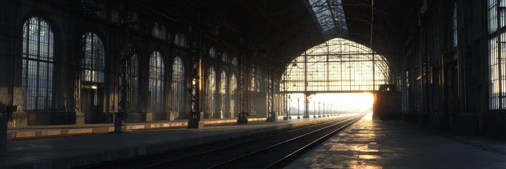 Captivating Morning Light Streaming Through Historic Train Station Arches with Empty Tracks Leading into the Distance photo