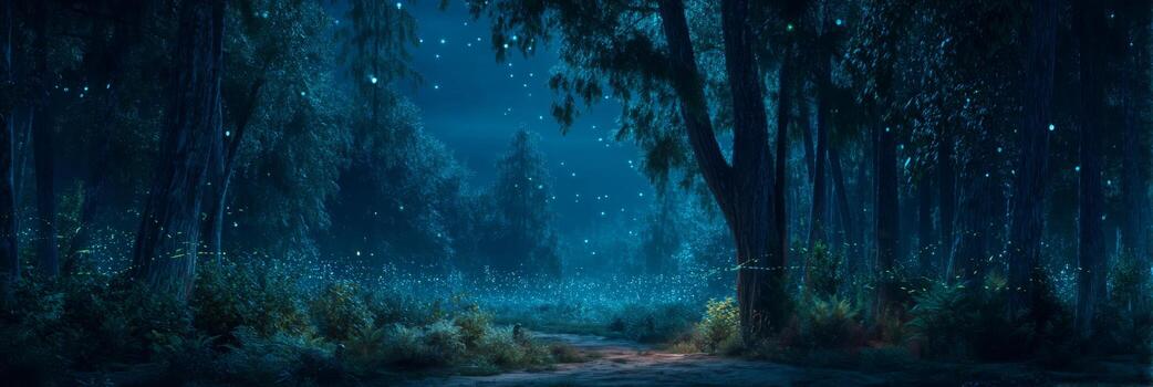 Enchanting Night in a Mystical Forest with Glowing Fireflies and Soft Moonlight Illuminating Lush Greenery and Trees photo