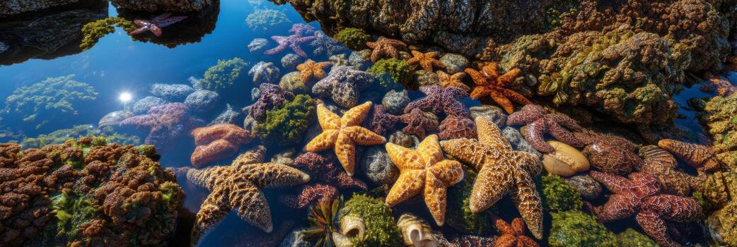 Colorful Starfish and Marine Life in Tide Pool Under Bright Sunlight with Clear Reflections on Water Surface photo