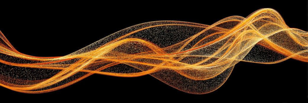 Abstract golden wave on black background with shimmering particles for artistic and design projects, digitally created artwork photo