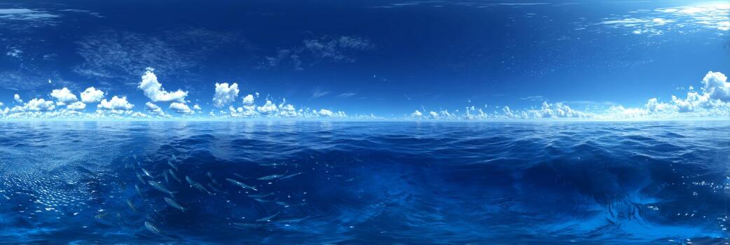 Expansive Blue Ocean with Clouds Reflecting on the Surface and a Clear Sky in a Serene Coastal Environment photo