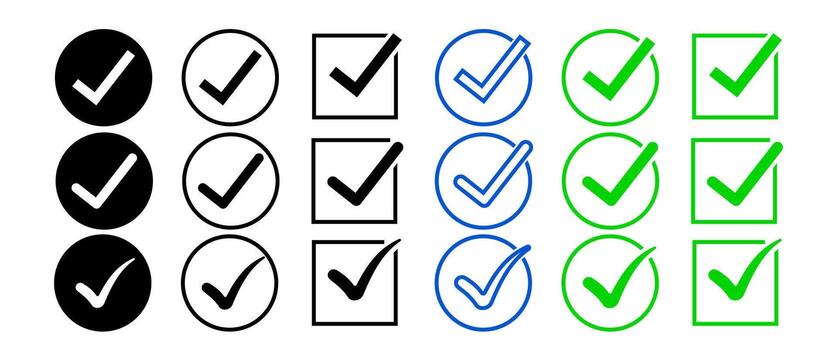 Isolate Check mark icon set, Outline Tick button symbol, Blue and Green vote and Testing symbol, Choice, Check list graphic elements, Approve, Confirm icons for business and Testing. vector