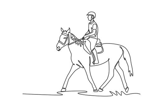 continuo línea dibujo lado ver de activo hombre montando un caballo a amable caminar, representando el sereno camaradería, elegante gracia, y profundo conexión Entre jinete y animal. diseño ilustración vector