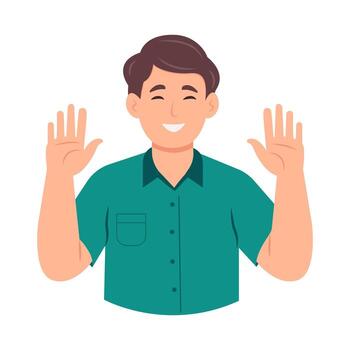 Smiling guy saying hello or bye and waving with hands. Hi gesture. Joyful communication.Flat illustration isolated on white background vector