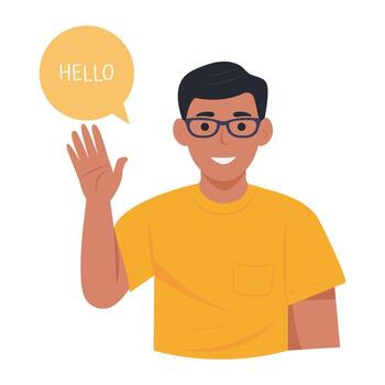Smiling guy in glasses saying hello and waving with hand. Hi gesture. Joyful communication.Speech bubbles. vector