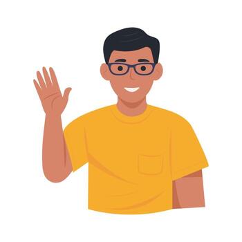 Smiling guy in glasses saying hello and waving with hand. Hi gesture. Joyful communication.Flat illustration isolated on white background vector