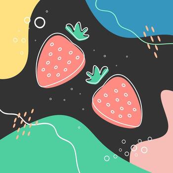 Abstract background with strawberries, shapes and scribbles. Hand drawn strawberry berries vector