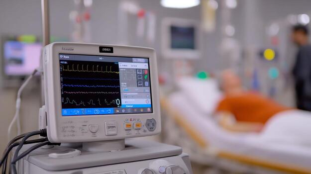 A detailed view showcases a medical monitoring device displaying vital signs, likely in a hospital setting, conveying a sense of attentive care and technological precision. photo