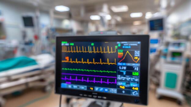 A focused view of a medical monitor displaying complex vital sign waveforms in a blurred hospital setting, conveying a sense of urgency and critical care. photo