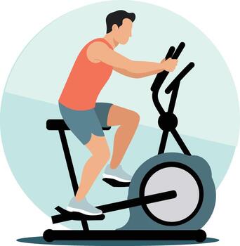 Person exercising on elliptical trainer, wearing red tank top and blue shorts, is depicted in minimalist style. background is simple circular design, emphasizing fitness and health vector