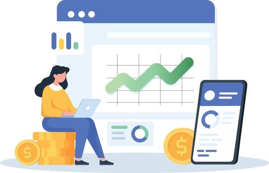 mujer trabajando en ordenador portátil es sentado siguiente a apilar de monedas, con grande pantalla mostrando creciente grafico y teléfono inteligente demostración financiero datos, simbolizando financiero crecimiento y análisis vector