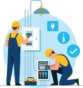 Two electricians wearing safety helmets and overalls are working on electrical panels, ensuring proper maintenance and safety. Tools and icons are visible, emphasizing their technical expertise vector