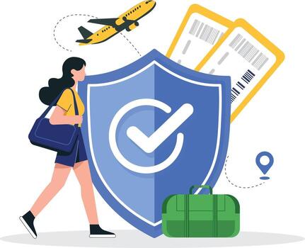 Woman with suitcase and travel documents walks confidently, symbolizing secure travel with insurance. image includes shield with checkmark, airplane, and location icons vector