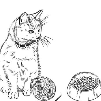 Black and white composition of a pet, cat, bowls of food, a ball of thread for play. All objects are hand-drawn with ink and converted into , for printing on postcards, coloring pages, packaging vector