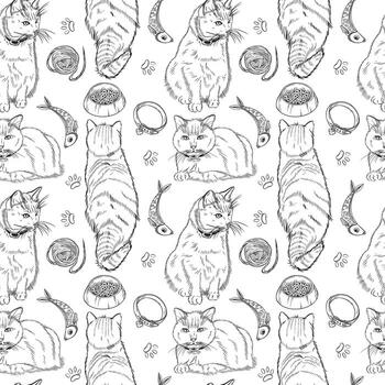 Seamless pattern, cats and cats of different breeds, Siamese, striped, food bowls, collars. All objects are hand-drawn with ink. illustration for printing on fabric and paper. vector