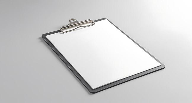 A clean, blank clipboard with a white sheet of paper, ready for text or design on a neutral gray background with ample copy space. Ideal for mockups. photo