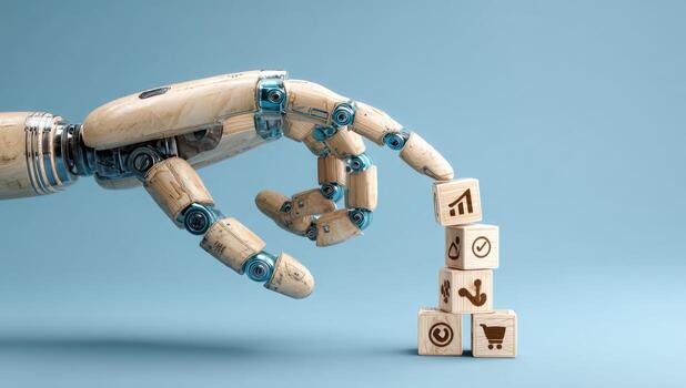 A robot hand holding wooden blocks with icons on them photo