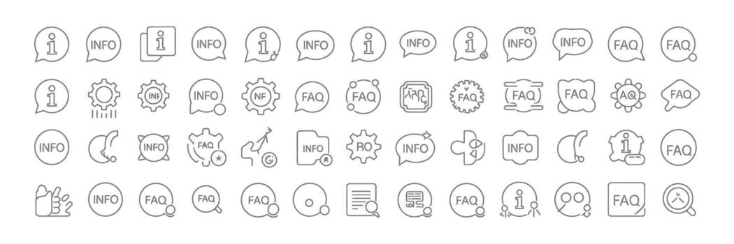 Outline style Info and FAQ icons collection on a transparent background, icons vector