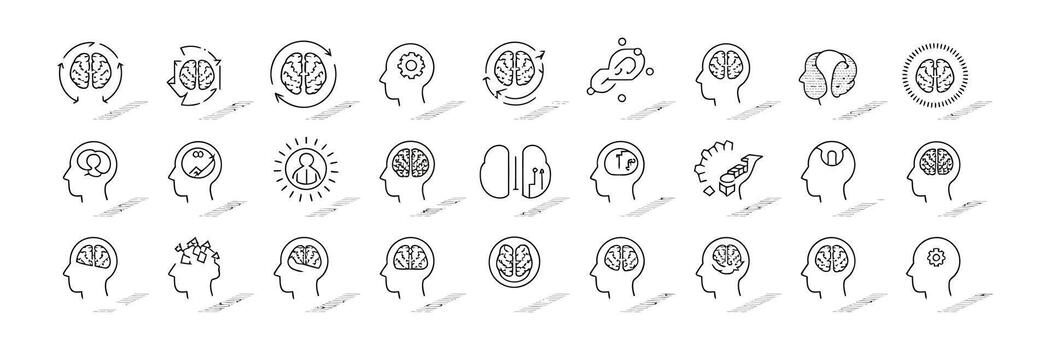 Set of Brain and Head Linear Icons Thinking Process, Idea Generation, Innovation vector