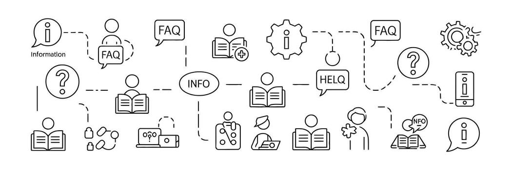 Outline style information flow chart with information sources, faq, info, help vector
