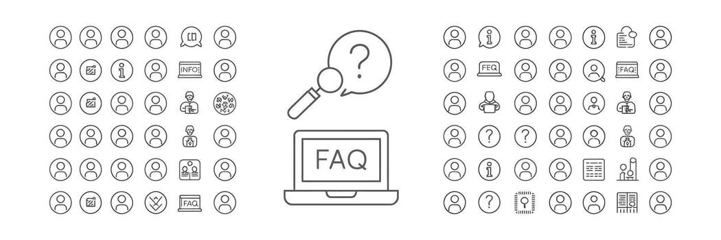 FAQ on Laptop Outline Icon Set with Question Mark in Speech Bubble on White vector