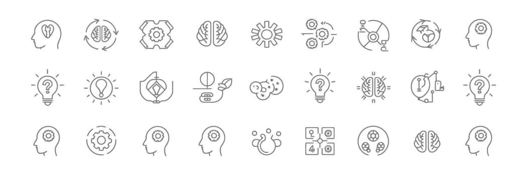Thin Line Style Icons of Brain Process, Idea Generation, Problem Solving On White vector