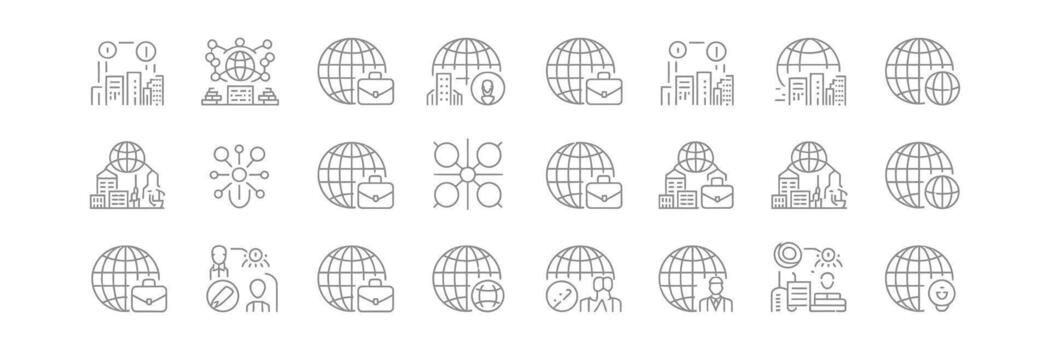 Linear Style Global Business Icon Set with Globe, Buildings, and Briefcase vector