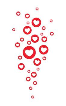 social medios de comunicación me gusta íconos con rojo corazones. flotante reacción símbolos para en línea compromiso, comentario, y digital interacción. mínimo ilustración para aplicaciones, redes, y sitios web vector