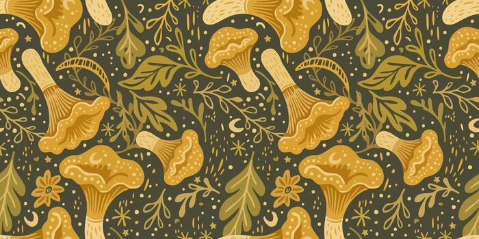 seamless pattern with chanterelles and leaves on dark background. Autumn print in boho style vector