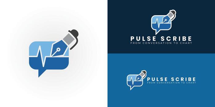 A clean and modern logo for an AI medical scribe module. It features a talk bubble with a medical waveform and a pen, symbolizing intelligent documentation of doctor-patient conversations. vector