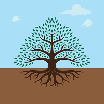 tree with roots and leaves on a blue background vector