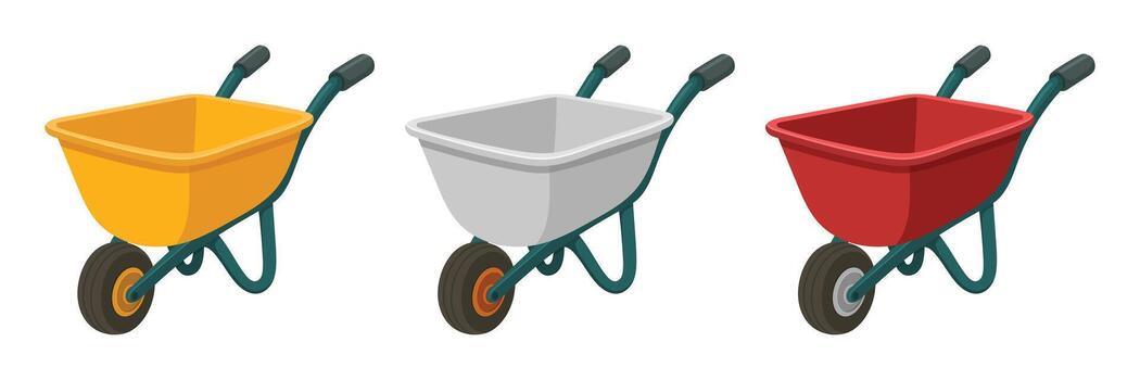 A row of three wheelbarrows in yellow, gray, and red, stand ready for use. They sit on a white background, each ready to haul materials in the garden or yard. vector