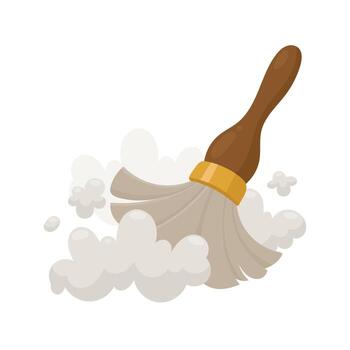 A cartoon illustration of a duster in motion, surrounded by a cloud of dust particles. The tool is removing dirt from a surface. The background is plain, emphasizing the cleaning process. vector