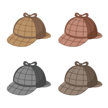 Four illustrated deerstalker hats are displayed on a white background, evoking a sense of mystery and classic detective style with their distinctive plaid patterns. vector