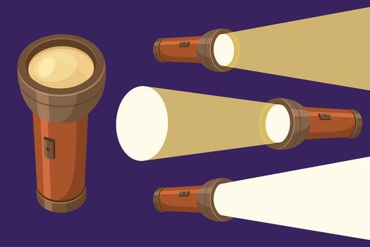 Several cartoon flashlights shine beams of light against a dark purple backdrop. The flashlights are different angles, creating a sense of exploration. vector