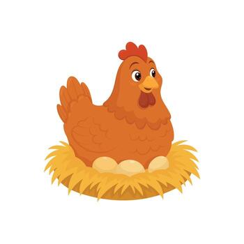 un estilo de dibujos animados gallina con marrón plumas y un rojo peine es sentado en un nido hecho de heno y un pocos huevos. el antecedentes es llanura blanco para fácil aislamiento. vector