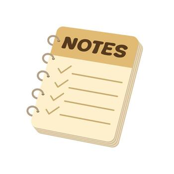 An illustration of a beige spiral notebook with a NOTES title, checkmarks and lines to write on. The notebook appears to be a to-do list or an organizational tool. vector