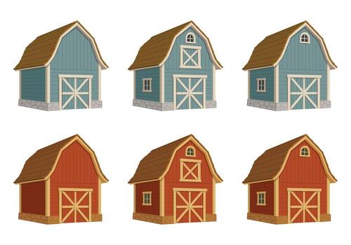 A collection of cartoon barns, some red and some blue, stand in a row. Each has a unique door and roof design, with small windows adding to their rural charm. vector