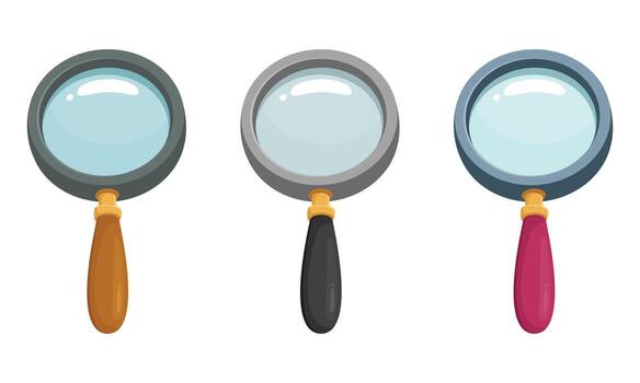 Three cartoon magnifying glasses with different colored handles isolated on a white background. The magnifying glasses have a silver frame and clear glass. vector