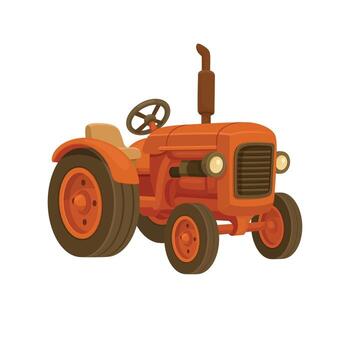 A classic orange tractor with a simple design. It features large wheels, a basic seat, and a tall exhaust pipe. The tractor is designed for farm work in fields. vector