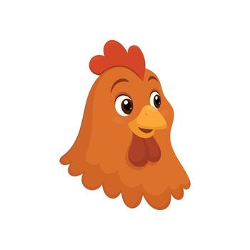 An illustration of a cartoon chicken head with a happy expression. The chicken features a red comb and wattle, orange feathers, and big, friendly eyes on a white background. vector