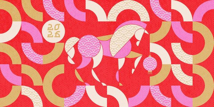 Chinese New Year 2026 abstract geometric tile design with horse, simple geometric shapes in bright palette. background for banner, cover. Flat geometric style vector