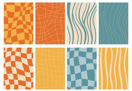Collection of groovy style cards with bold checkered and striped patterns in flat design, featuring vibrant retro colors. vector