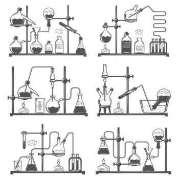 Set of monochrome laboratory research elements with flasks, tubes and molecular structure vector