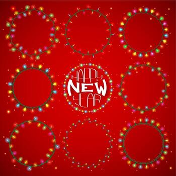 Set of 9 color round garland lights. Glowing christmas lights on red background. seamless round objects. Includes 10 brushes festive strands of Christmas lights vector