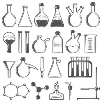 Set of laboratory research elements with flasks, tubes and molecular structure vector