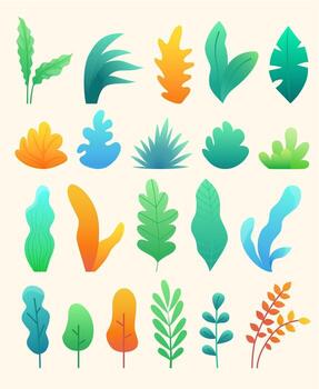 Set of abstract colorful leaves and trees in flat style. Leaf collection. Trendy plants vector