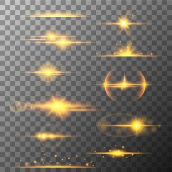 Collection of different horizontal flare light effects. Lens flares, rays, stars and sparkles with bokeh collection. transparent light effect vector